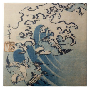 Azulejo De Cerâmica Ondas e pássaros, c.1825 (impressão do woodblock