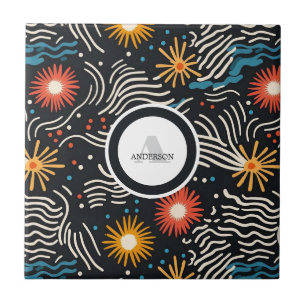 Azulejo De Cerâmica Ondas Florais de Abstrato vibrantes em preto