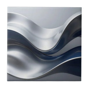 Azulejo De Cerâmica Ondas Fluidas Prateadas e Azuis Escuros Abstratas 