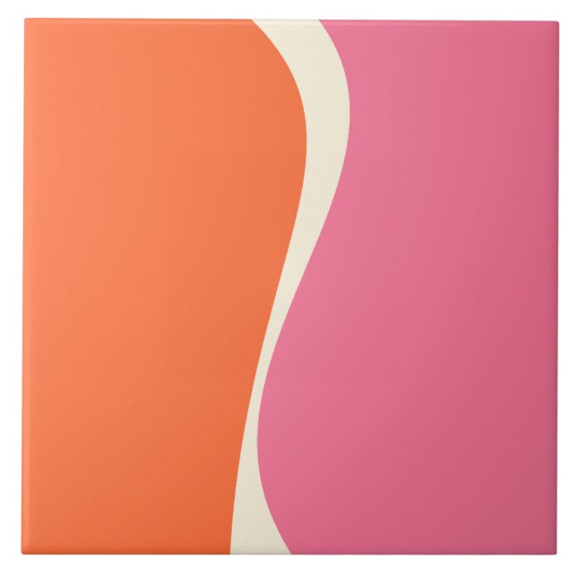 Azulejo De Cerâmica Ondas Simples 2 em Rosa, Laranja e Creme (Frente)