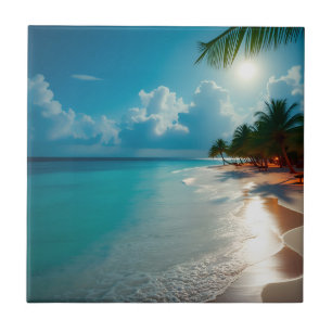 Azulejo De Cerâmica Ondas tropicais praia azul nublada