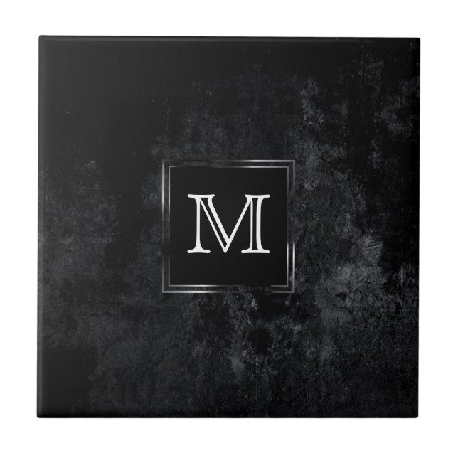Azulejo De Cerâmica Onyx Black Velvet | Monograma de Grunge Chalkboard (Frente)