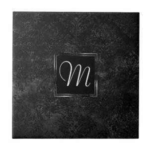 Azulejo De Cerâmica Onyx Black Velvet   Monograma Grunge de Quadro Neg