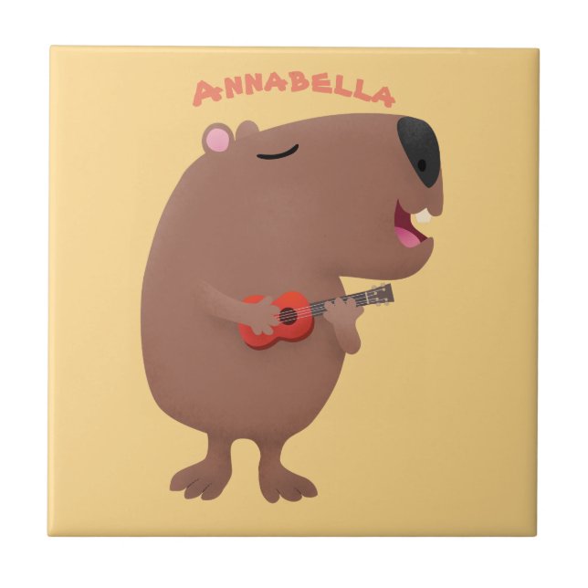 Azulejo De Cerâmica Óptica desenho animado de capybara ukulele (Frente)