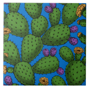 Azulejo De Cerâmica Opuntia florescente em azul
