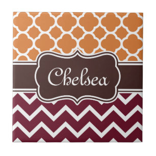 Azulejo De Cerâmica Orange Lattice Maroon Chevron Padrões Brown Name
