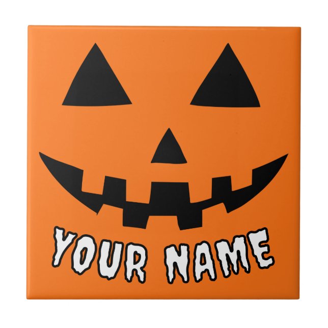 Azulejo De Cerâmica Orange Pumpkin Personalizado Halloween Seu Nome (Frente)