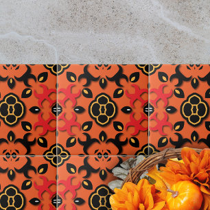 Azulejo De Cerâmica Orange Red Black Ethnic Arabesque Boho Chic