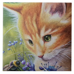 Azulejo De Cerâmica Orange Tabby Kitten & Bumblebee Watercolor Art