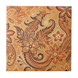 Azulejo De Cerâmica Orange Terracotta Floral Boho Indonésio Batik