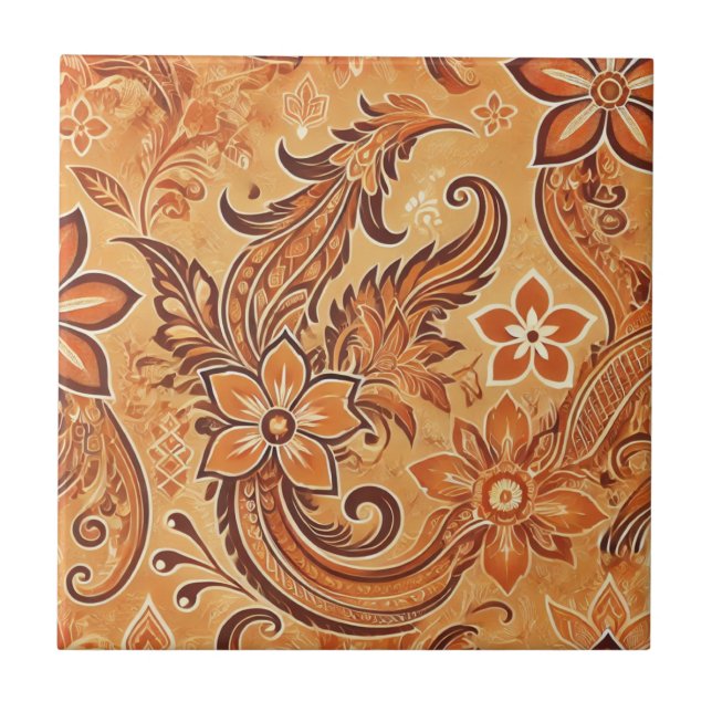 Azulejo De Cerâmica Orange Terracotta Floral Boho Indonésio Batik (Frente)