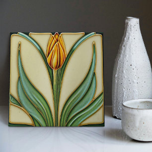 Azulejo De Cerâmica Orange Tulip Wall Decor Art Nouveau Art Deco