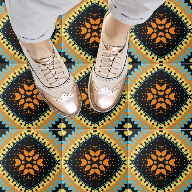 Azulejo De Cerâmica Orange Turquoise Black Ethnic Oriental Boho (Criador carregado)