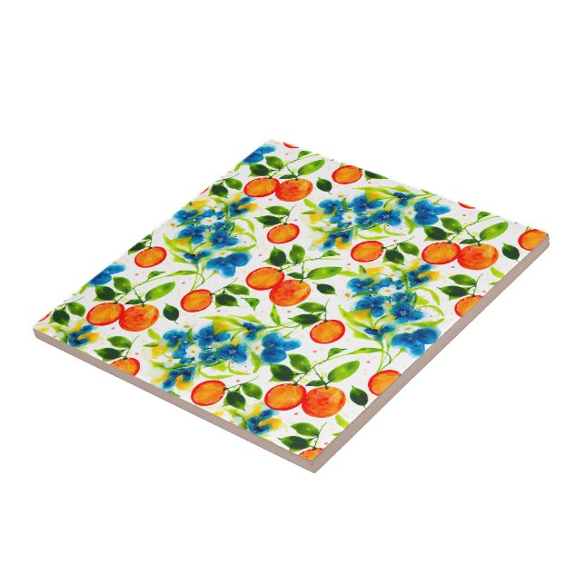 Azulejo De Cerâmica Oranges & Blue Blossoms Watercolor Art (Lateral)