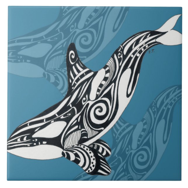Azulejo De Cerâmica Orca Killer Whale Tlingue Indigo Blue ink (Frente)