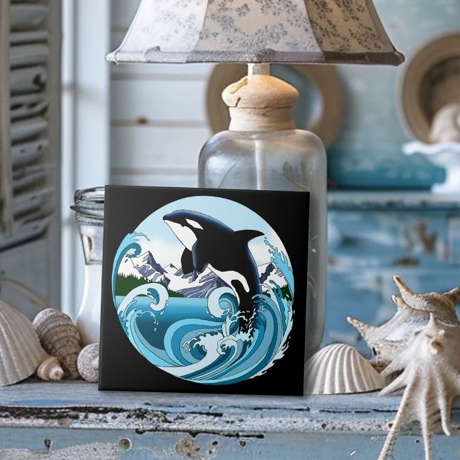 Azulejo De Cerâmica Orca Majestosa Baleia Assassina Ondas Azuis Oceano (Criador carregado)