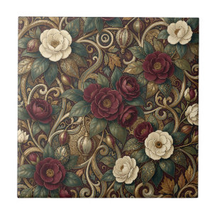 Azulejo De Cerâmica Ornado Lanterna Floral e Dourado Burgundy Vintage 