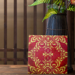 Azulejo De Cerâmica Ornamentado Antiquado Vintage Dourado E Cor damasc