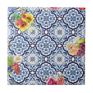 Azulejo De Cerâmica Ornamentado Azul Fruticultura Floral Berries Azule