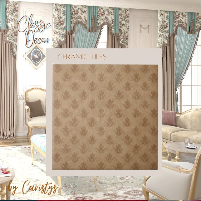 Azulejo De Cerâmica Ornamentado clássico Emblem Brown Taupe Linen (Criador carregado)