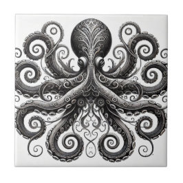 Azulejo De Cerâmica Ornamentado de Octopus Kraken Steampunk Black