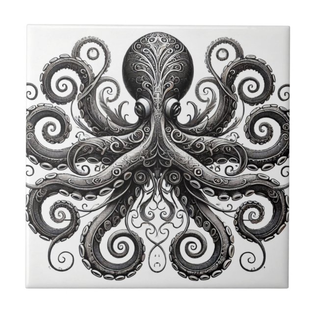 Azulejo De Cerâmica Ornamentado de Octopus Kraken Steampunk Black (Frente)