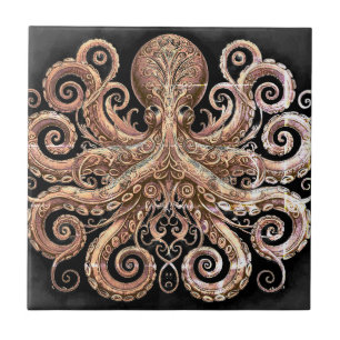 Azulejo De Cerâmica Ornamentado de polvo Kraken Steampunk Dourado e pr