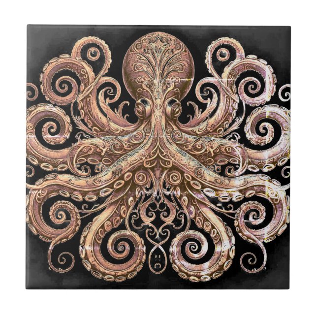 Azulejo De Cerâmica Ornamentado de polvo Kraken Steampunk Dourado e pr (Frente)