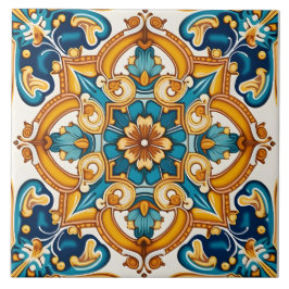 Azulejo De Cerâmica Ornamentado Elegante Amarelo Azul Padrão