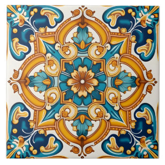 Azulejo De Cerâmica Ornamentado Elegante Amarelo Azul Padrão