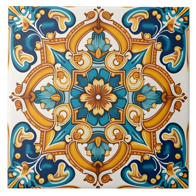 Azulejo De Cerâmica Ornamentado Elegante Amarelo Azul Padrão (Frente)