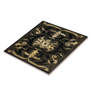 Azulejo De Cerâmica Ornamentado preto Dourado Elegante