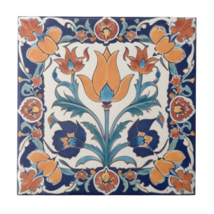 Azulejo De Cerâmica Ornamentado Turco Floral Azul Laranja Verde Flor