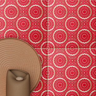 Azulejo De Cerâmica Ornamentado Vermelho E Dourado Mandala Oriental Pa