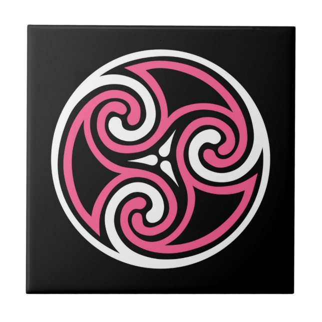 Azulejo De Cerâmica Ornamento Celtic Triskele, Fuchsia, Preto e Branco (Frente)