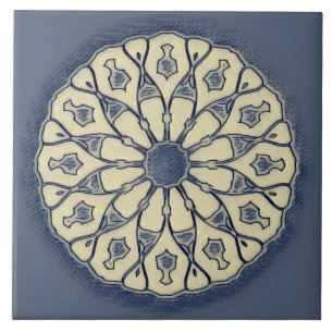 Azulejo De Cerâmica Ornamento de Mandala Radial Azul-Bege Vintage