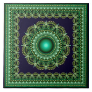Azulejo De Cerâmica Ornamento emoldurado fractal caleidoscópico verde