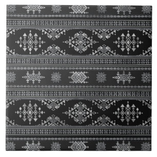 Azulejo De Cerâmica Ornamento Étnico - Prata em tons de cinza