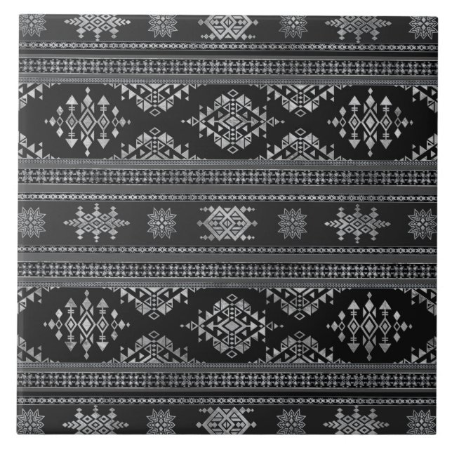 Azulejo De Cerâmica Ornamento Étnico - Prata em tons de cinza (Frente)