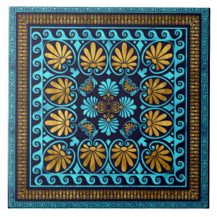 Azulejo De Cerâmica Ornamento grego de luxo Vidro azul e Dourado