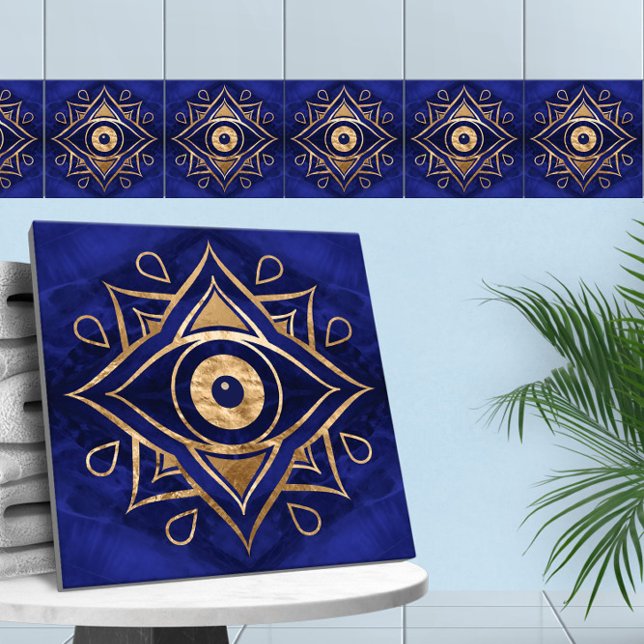 Azulejo De Cerâmica Ornamento Ocular Dourado e Azul Marble (Criador carregado)