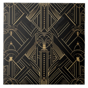 Azulejo De Cerâmica Ornamento Preto e Dourado Art Déco de Linha Fina
