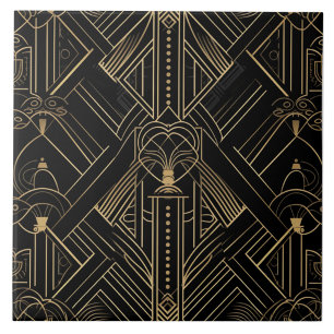 Azulejo De Cerâmica Ornamento Preto e Dourado Art Déco de Linha Fina