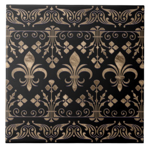 Azulejo De Cerâmica Ornamento real preto e dourado Fleur-de-lis