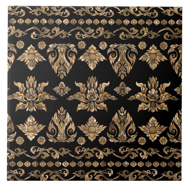 Azulejo De Cerâmica Ornamento Tailandês - Dourado e Preto (Frente)