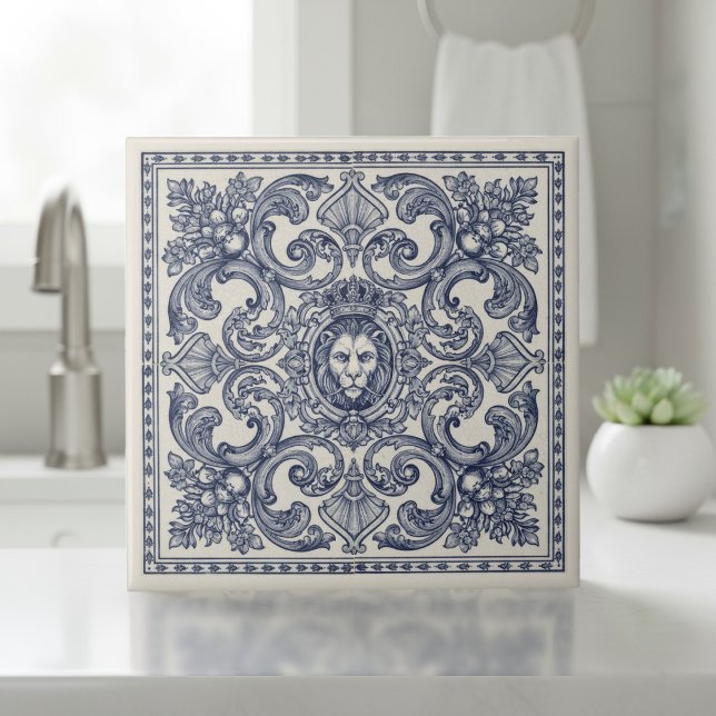 Azulejo De Cerâmica Ornate Baroque Pattern Pat#1 Blue Ivory ID1194 (Criador carregado)