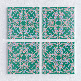 Azulejo De Cerâmica Ornate Floral Filigree Tile in Emerald Green