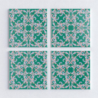Azulejo De Cerâmica Ornate Floral Filigree Tile in Emerald Green