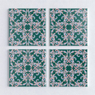Azulejo De Cerâmica Ornate Floral Filigree Tile in Hunter Green