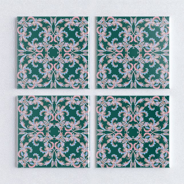 Azulejo De Cerâmica Ornate Floral Filigree Tile in Hunter Green  (Criador carregado)